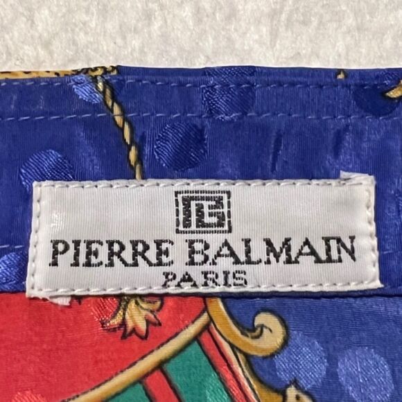 VTG Pierre Balmain Paris Royal Blue Printed Silk ButtonDown Long Sleeve Top Sz 3 - Picture 6 of 9